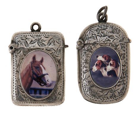 Two Edwardian silver vesta cases, later applied with a photo-enamel of the head of a horse or greyhounds, 43 and 48mm h inclu