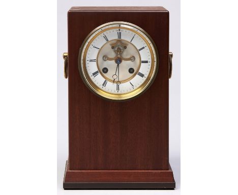 A mahogany mantle clock, with earlier French bell striking movement, Brocot escapement, brass ring handles, pendulum, 30cm h 