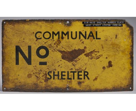 Nottingham. World War Two, British Home Front yellow enamel Air Raid Communal Shelter sign, 1939, 29 x 53cm   Provenance: Rem