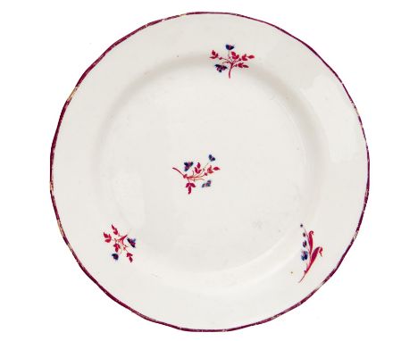 A Pinxton plate, pattern number 1, 1796-1813, 19cm diam, painted 1 Wear to enamel on rim, not cracked or chipped, no restorat