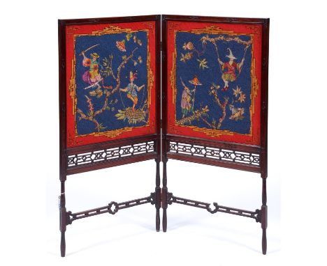 A mahogany folding firescreen, 19th c, after a design by Thomas Chippendale, with fretwork and blind fret carving, chinoiseri