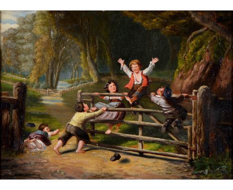 English School ? Children Playing on a Gate, oil on board, 33 x 45cm Localised restoration and overpainting, re-varnished, re
