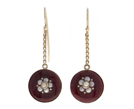 A pair of split pearl and red enamel earrings,&nbsp; of round design in gold, suspended from a chain, 28mm excluding wire loo