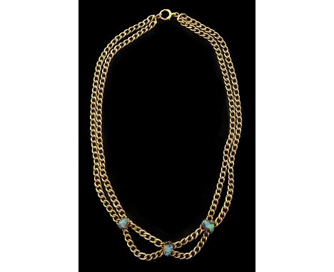 An opal set gold festoon necklace, c1900, of curb links, 42cm, marked 18, 17.4g Good condition