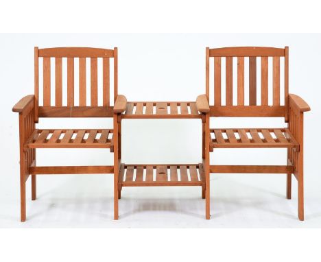 A slatted wooden twin chair garden seat,&nbsp;incorporating central table, 160cm w Generally good, light wear