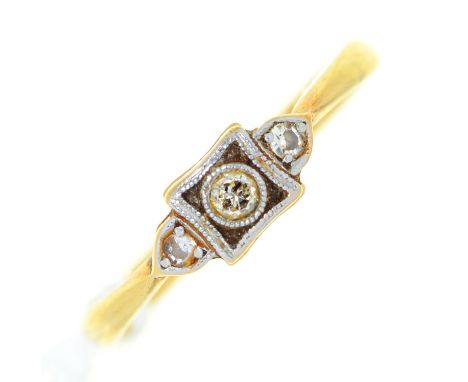 A three stone diamond ring, gold hoop marked 18ct PLAT, 2.2g, size N Light wear