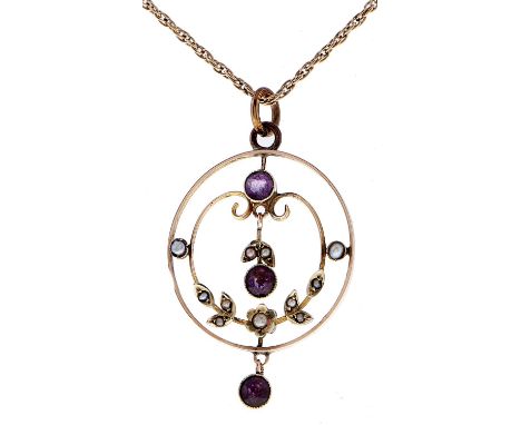 An amethyst and split pearl openwork pendant, early 20th c, the central amethyst en tremblant, 35mmm unmarked, 2.6g, and a go