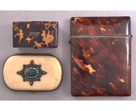 A Victorian&nbsp; tortoiseshell&nbsp; card case and a contemporary tortoiseshell snuff box, card case 10cm h and a 19th c bra