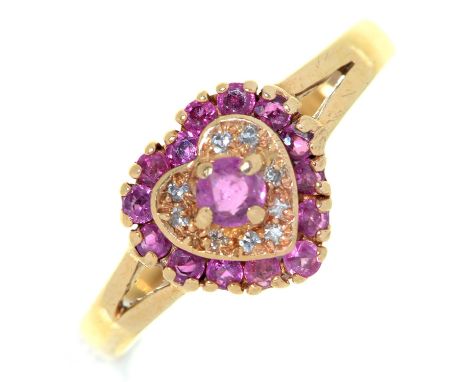 A ruby and diamond heart shaped cluster ring, in 9ct gold, 3.1g, size R Good condition