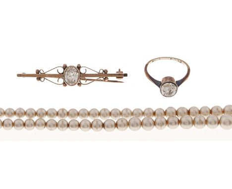 A paste ring, in gold, mark's rubbed, 2.8g, size N½, a gem set gold bar brooch and a cultured pearl necklace with gold clasp,