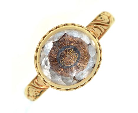 A paste mourning ring, early 18th c, with gold thread embroidered monogram beneath a Dutch rose cut 'diamond' paste, in gold 