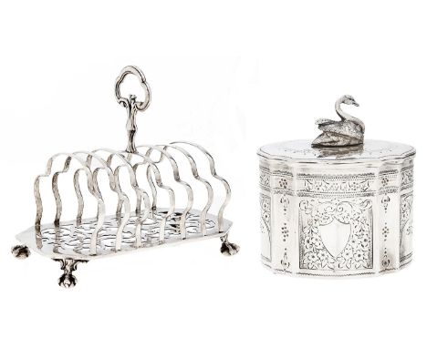 A Victorian EPNS seven hoop toast rack, with pierced base on claw and ball feet, 18cm l and a contemporary Victorian plated t