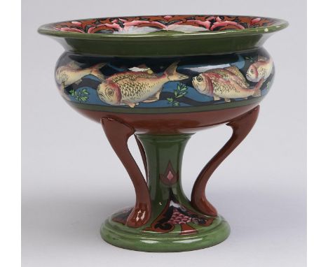 A Wileman &amp; Co Foley "Intarsio" comport, designed by Frederick Rhead, c1895-1900, printed and painted with a band of fish