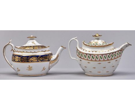 A Coalport, John Rose, new oval teapot and cover, c1805-10, with green, red and gilt ribbon border and gilt sprigs, 17cm h an