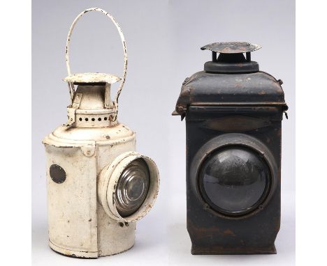 Railwayana. An Adlake "None Sweating" LMS white painted pressed steel railway lamp, with bull's eye and oval brass label embo