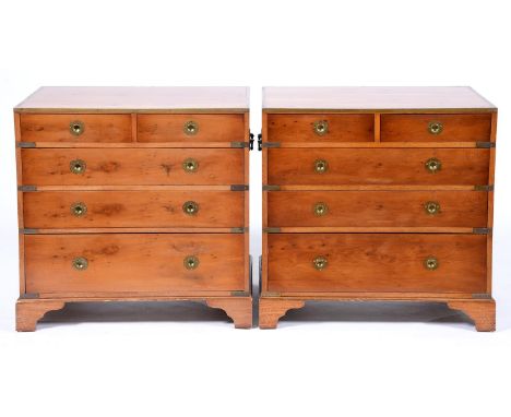 A pair of brass mounted yew wood 'military' chests of drawers, in Victorian style, flush brass ring pulls, 76cm l 