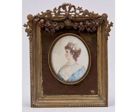 Two French decorative oval portrait miniatures of noble ladies, c1900, in 18th c style, one in paste surround, contemporary P