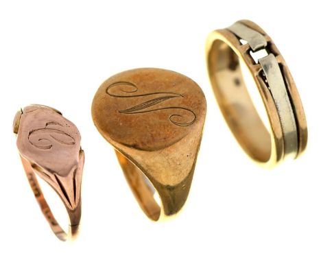 Two 9ct gold rings and a gold signet ring, marked 9ct, 9.2g, size K Worn