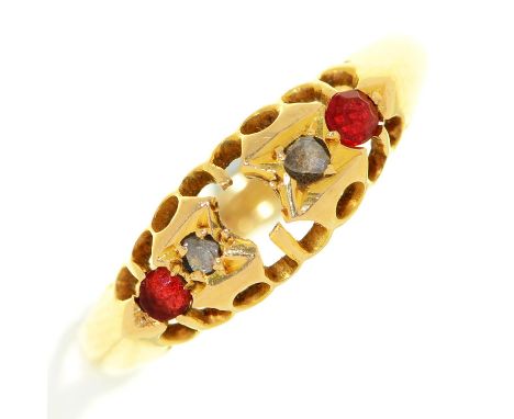 A ruby and diamond ring, in 18ct gold, Birmingham 1919, 2.6g, size N Lacking centre stone