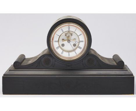 A French nero belge mantle clock, late 19th c, with Brocot escapement, enamel dial and Breguet hands, pendulum, 29cm h Case s