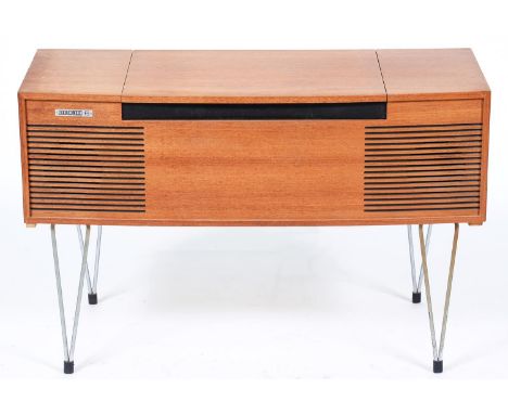 A Decca Deccalian 6 stereo record player, 1970, with Gararrd 2025TC auto turntable, in teak, on V shaped plated metal rod leg
