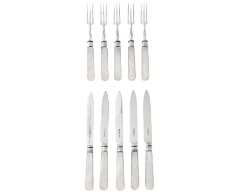 A set of five George V mother of pearl hafted silver dessert knives and forks, by Harrison Brothers and Howson, Sheffield 192