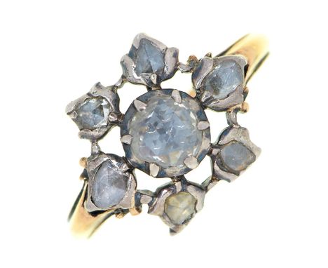 A diamond cluster ring, 19th c, with Dutch rose cut diamonds, fluted gold hoop, 2.4g, size I Light wear and some distortion