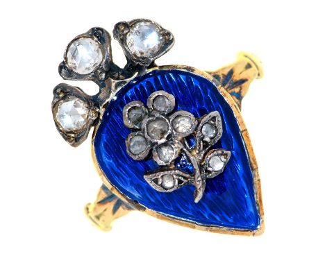 A Northern European diamond and gold and blue guilloche enamel heart shaped ring, 18th c, with Dutch rose cut diamond flower,