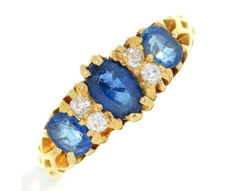 A sapphire and diamond ring,&nbsp;early 20th c, in gold, unmarked, 3.4g, size L 