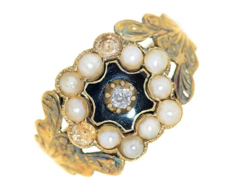 A diamond, split pearl, gold and enamel mourning ring, early 19th c, with hexagonal cluster and leaf engraved shoulders, the 
