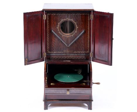 A "Klingsor" harp gramophone, c1905, in bureau form stained mahogany cabinet, 86cm h Working order, retaining the original so