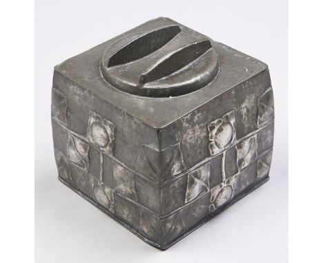 A Liberty &amp; Co Tudric pewter tea caddy and cover, designed by&nbsp;Archbold Knox, c1900, 11cm h, stamped 6 MADE IN ENGLAN