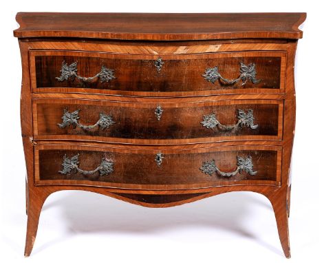 A George III mahogany and tulipwood commode in the manner of Henry Hill of Marlborough, of serpentine form with half-serpenti