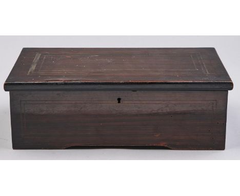 A Swiss musical box, late 19th c, with 15cm pinned cylinder and one piece comb, controls and brass winding handle in grained 