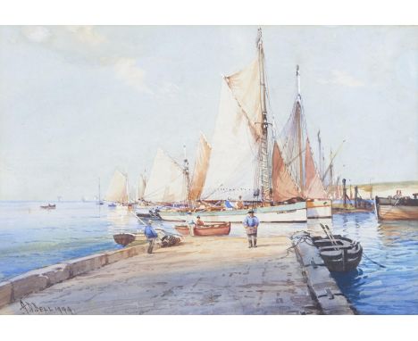 A D Bell  (fl  1920's-1950's)- Port Scene with Sailing Vessels, Fishermen on a Slipway, watercolour heightened with bodycolou