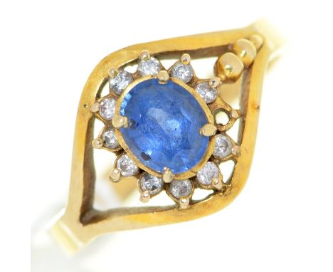 A sapphire and diamond cluster ring, in gold, unmarked, 3.7g, size N½ Lacks one diamond