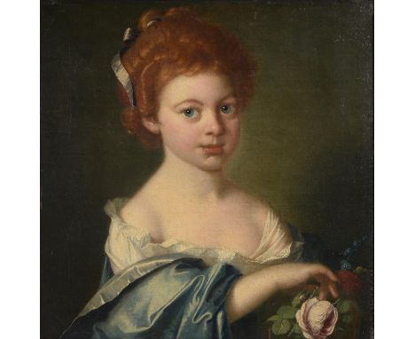 English School - Portrait of a Girl, bust length, holding a rose, oil on canvas, 44.5 x 45cm Restored (lined c1980), possibly