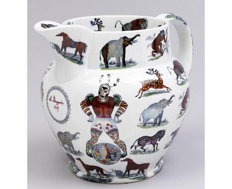 An Elsmore &amp; Forster earthenware jug, dated 1859, with coloured transfers of clowns and animals, inscribed in purple enam