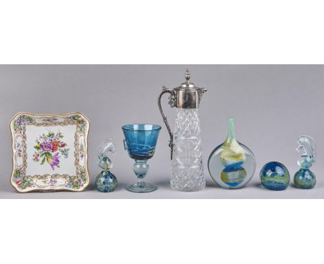 A Mdina glass vase, goblet and three paperweights, various sizes, a Continental porcelain pierced and floral painted dessert 