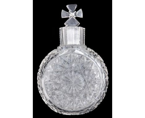 A Victorian round cut glass scent bottle and stopper, dated 1885,&nbsp;engraved with flowers, initials and date, the stopper 