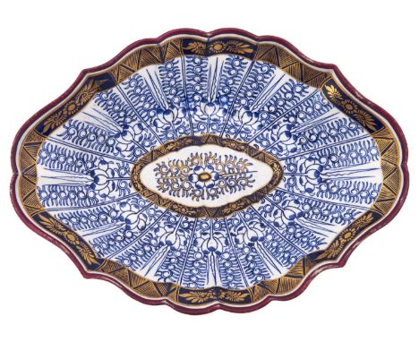 A Flight Worcester Royal Lily pattern dessert dish, c1790, with blue and gilt borders and rust enamel rim, 29.3cm Light wear,
