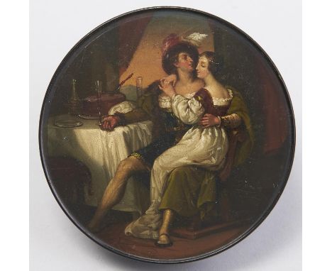 A German papier mache snuff box and cover, by Stobwasser, c1830, the cover painted with an amorous couple in 16th c style, 10