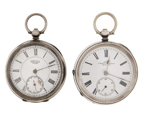 Two Swiss silver lever watches, c1900, each with enamel dial, signed for an English retailer, 50 and 51mm Case back of one sl