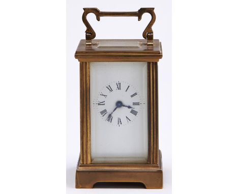 A French miniature brass carriage timepiece, mignonette, early 20th c, with enamel dial and blued steel hands, 84mm excluding