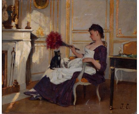 Joseph Caraud (1821-1905) - The Feather Duster, signed with initials, oil on canvas, 23 x 27.5cm Lined, restored, small horiz