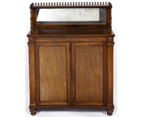 A William IV rosewood veneered chiffonier, c1835, the top with bobbin gallery above mirrored plate and pair of turned pillars