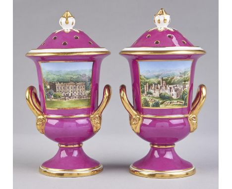 A pair of Spode claret ground Chatswroth and Haddon Hall pot pourri vases and covers, late 20th c, 20cm h, printed mark and n