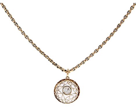 A white stone set gold openwork pendant, 22mm diam, indistinctly marked ...K and a gold chain, 15.4g 