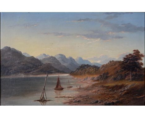 P Macarthur (late 19th c) - Mountainous Lake Landscape with Boats, signed, oil on canvas, 31 x 47cm Lined and re-varnished, i