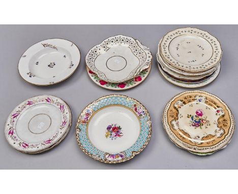 Fifteen Spode, Derby and other English porcelain dessert plates and dishes, early 19th c, various sizes Some wear and damaged